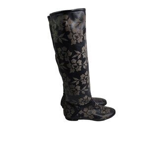 Black Floral Knee High Boots Size 36